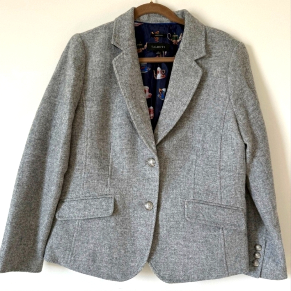 Talbots Aberdeen Wool Blazer 12 Gray Academia Work Office 2-button Unique Teacup